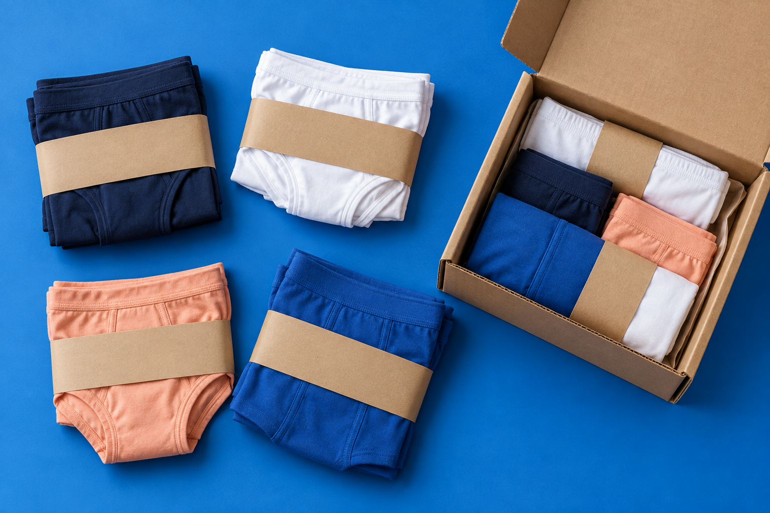 Folded cotton underwear beside a collection box
